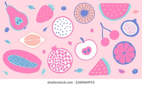 Vector fruits big set in y2k style. Pear, strawberry, lemon and etc in pink and blue colors.