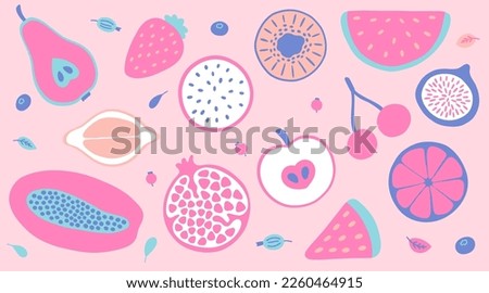 Vector fruits big set in y2k style. Pear, strawberry, lemon and etc in pink and blue colors.