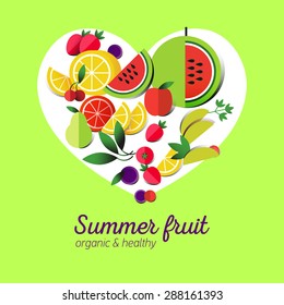 Vector fruits collection icon. Flat design. Fruit menu, salad,  sliced. Organic and healthy. Summer background. Heart. For t-shirt or other uses