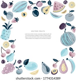 Vector fruits composition with space for text. Bright illustration of healthy fresh food. Isolated design elements. Ideal for poster, banner, packaging and home decor. 