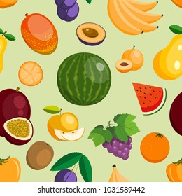 vector fruits exotic apple, banana and papaya flat style illustration. Fresh fruity slices tropical dragonfruit or juicy orange fruitful seamless pattern background