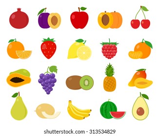 Vector fruits flat icons set isolated on white