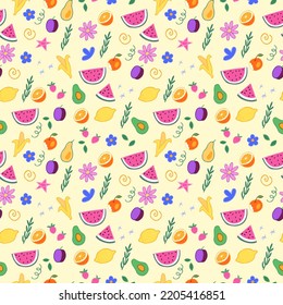 Vector fruits, flowers, stars and decorative elements in cartoon style seamless pattern