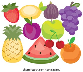 Vector Fruits Garden Harvest of Watermelon, Grapes, Plum, Apple, Pineapple, Peach, Fig, Lemon, Strawberry, Cherries