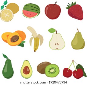 Vector fruits icon set isolated on white background. Vector illustration.