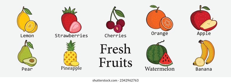 Vector fruits icon set isolated on white background. Vector illustration.	