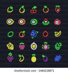 Vector fruits icon set in outline neon style.