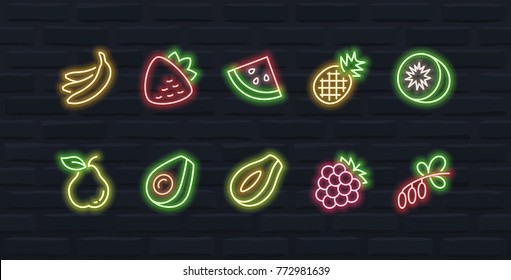 Vector fruits icon set in outline neon style #2