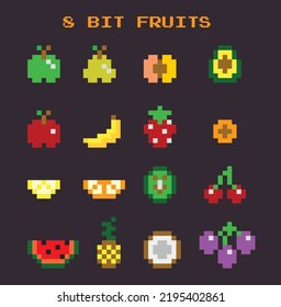 Vector fruits icons set.16 Retro, flat pixel art game assets. Apple, peach, banana, watermelon, pear, avocado, strawberry, pineapple, orange slice, coconut, grape, cherry 
