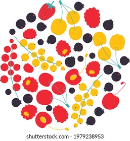 Vector fruits illustration. Circle frame with fruit and berries icons. Concept illustration for groceries, agriculture stores, packaging and advertising.