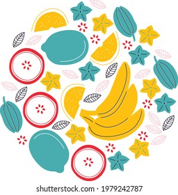 Vector fruits illustration. Circle frame with fruit and berries icons. Concept illustration for groceries, agriculture stores, packaging and advertising.