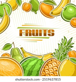 Vector Fruits illustration with copy space for ad text, decorative template with cartoon design green and yellow fruit composition, square poster with many whole various fruits on white background