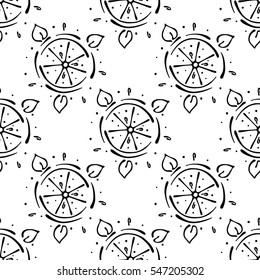 Vector fruits illustration. Seamless pattern, Orange with leaves, decorative elements on the white background. Hand drawn contour lines and strokes. Doodle style, graphic vector illustration.