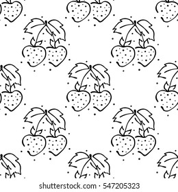 Vector fruits illustration. Seamless pattern, Strawberry with leaves, decorative elements on the white background. Hand drawn contour lines and strokes. Doodle style, graphic vector illustration.