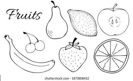 Frutas vectoriales, garrapatas, pera, limón, manzana, plátano, cereza, fresa, naranja