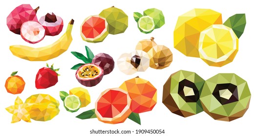 Vector fruits, low poly. Set: lemon, lychee, pomegranate, strawberry, orange, lime, kiwi, grapefruit. Collection of polygonal illustration of fresh tropical fruits.