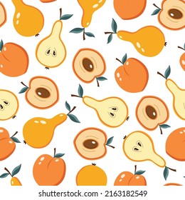 Vector fruits pattern, summer peach and pear seamless background, digital paper design 