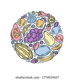 Vector fruits in round composition. Bright illustration of healthy fresh food. Isolated design elements. Ideal for poster, banner, packaging and home decor. 