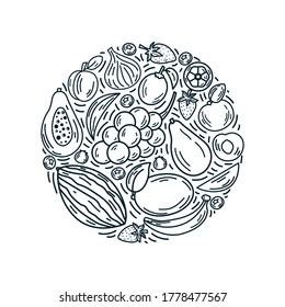Vector fruits in round composition. Bright illustration of healthy fresh food. Isolated design elements in outline style. Ideal for poster, banner, packaging and home decor. 