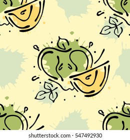 Vector fruits seamless pattern. Apple with leaves, decorative elements, blots, drops, splash Hand drawn contour lines and strokes Doodle sketch style, graphic vector drawing illustration.