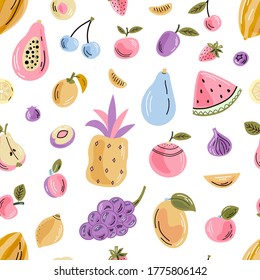 Vector fruits seamless pattern. Bright background of healthy fresh food. Ideal for poster, banner, packaging and home decor. 