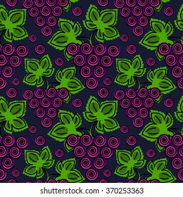 Vector fruits seamless pattern. Bright background with grape and leaves on the blue backdrop. Series of Fruits and Vegetables Seamless Patterns.