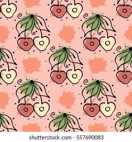 Vector fruits seamless pattern. Cherry with leaves, decorative elements, blots, drops, splash Hand drawn contour lines and strokes Doodle sketch style, graphic vector drawing illustration.