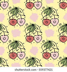Vector fruits seamless pattern. Cherry with leaves, decorative elements, blots, drops, splash Hand drawn contour lines and strokes Doodle sketch style, graphic vector drawing illustration.