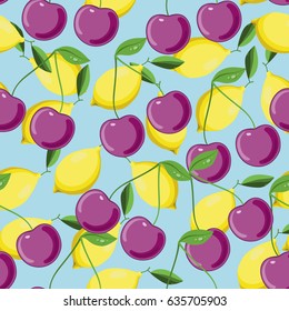 Vector fruits seamless pattern. Cherry,  lemon, summer background.