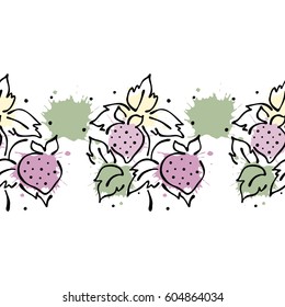 Vector fruits seamless pattern. Decorative border Orange with leaves, decorative elements, blots, drops, splash Hand drawn contour lines and strokes Doodle sketch style, graphic drawing illustration