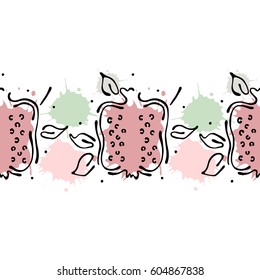 Vector fruits seamless pattern. Decorative border Orange with leaves, decorative elements, blots, drops, splash Hand drawn contour lines and strokes Doodle sketch style, graphic drawing illustration