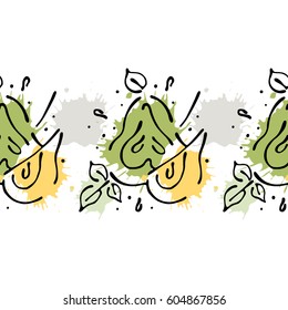 Vector fruits seamless pattern. Decorative border Orange with leaves, decorative elements, blots, drops, splash Hand drawn contour lines and strokes Doodle sketch style, graphic drawing illustration