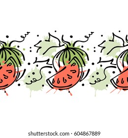 Vector fruits seamless pattern. Decorative border Orange with leaves, decorative elements, blots, drops, splash Hand drawn contour lines and strokes Doodle sketch style, graphic drawing illustration