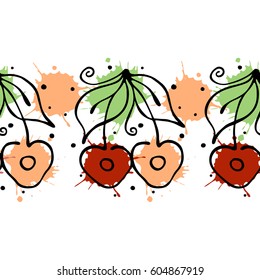 Vector fruits seamless pattern. Decorative border Orange with leaves, decorative elements, blots, drops, splash Hand drawn contour lines and strokes Doodle sketch style, graphic drawing illustration