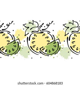 Vector fruits seamless pattern. Decorative border Orange with leaves, decorative elements, blots, drops, splash Hand drawn contour lines and strokes Doodle sketch style, graphic drawing illustration