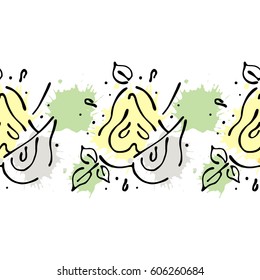 Vector fruits seamless pattern. Decorative border Orange with leaves, decorative elements, blots, drops, splash Hand drawn contour lines and strokes Doodle sketch style, graphic drawing illustration