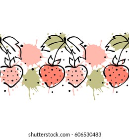 Vector fruits seamless pattern. Decorative border Orange with leaves, decorative elements, blots, drops, splash Hand drawn contour lines and strokes Doodle sketch style, graphic drawing illustration