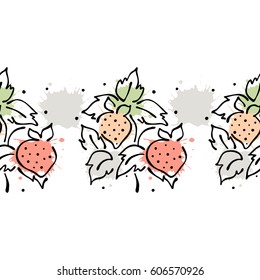 Vector fruits seamless pattern. Decorative border Orange with leaves, decorative elements, blots, drops, splash Hand drawn contour lines and strokes Doodle sketch style, graphic drawing illustration