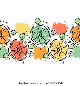 Vector fruits seamless pattern. Decorative border Orange with leaves, decorative elements, blots, drops, splash Hand drawn contour lines and strokes Doodle sketch style, graphic drawing illustration.