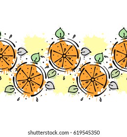 Vector fruits seamless pattern. Decorative border Orange with leaves, decorative elements, blots, drops, splash Hand drawn contour lines and strokes Doodle sketch style, graphic drawing illustration