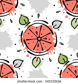 Vector fruits seamless pattern. Grapefruit with leaves, decorative elements, blots, drops, splash. Hand drawn contour lines and strokes. Doodle sketch style, graphic vector drawing illustration.