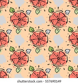 Vector fruits seamless pattern. Grapefruits with leaves, decorative elements, blots, drops, splash Hand drawn contour lines and strokes Doodle sketch style, graphic vector drawing illustration.