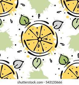 Vector fruits seamless pattern. Lemon with leaves, decorative elements, blots, drops, splash. Hand drawn contour lines and strokes. Doodle sketch style, graphic vector drawing illustration.