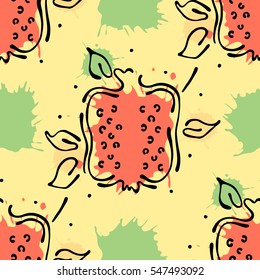Vector fruits seamless pattern. Pomegranate with leaves, decorative elements, blots, drops, splash Hand drawn contour lines and strokes Doodle sketch style, graphic vector drawing illustration.
