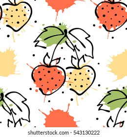 Vector fruits seamless pattern. Strawberry with leaves, decorative elements, blots, drops, splash. Hand drawn contour lines and strokes. Doodle sketch style, graphic vector drawing illustration.