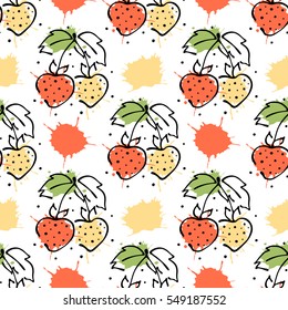 Vector fruits seamless pattern. Strawberry with leaves, decorative elements, blots, drops, splash Hand drawn contour lines and strokes Doodle sketch style, graphic vector drawing illustration.