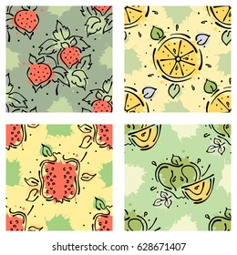 Vector fruits seamless pattern Strawberry, berry, apple, pomegranate, lemon with leaves, blots drops splash Hand drawn contour lines and strokes Doodle sketch style graphic vector drawing illustration