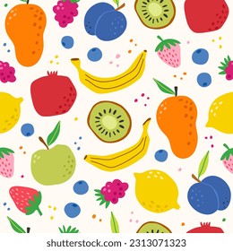 Vector fruits seamless pattern. Summer sweet food background. Hand draw texture, pomegranate, lemon, berries and tropical fruit, cute doodle drawing, bright fashion print.