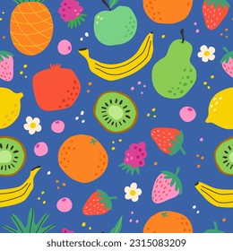 Los vectores producen un patrón sin fisuras. Fondo de verano de comida dulce. Textura de dibujo a mano, granada, limón, bayas y fruta tropical, adorable dibujo de doodle, impresión de moda brillante. Iluminaciones coloridas modernas y de moda