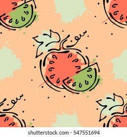 Vector fruits seamless pattern. Watermelon with leaves, decorative elements, blots, drops, splash Hand drawn contour lines and strokes Doodle sketch style, graphic vector drawing illustration.